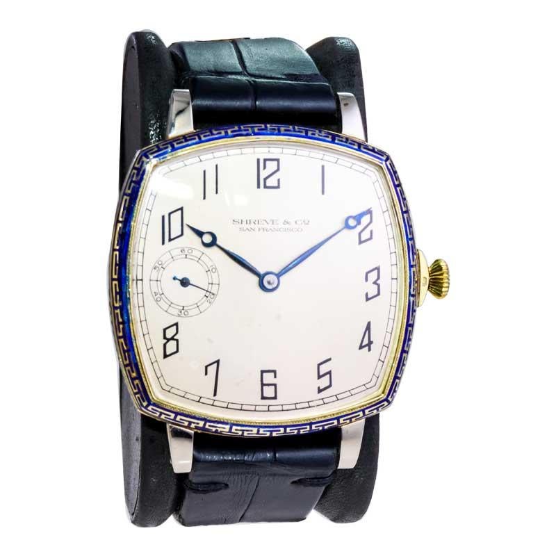 Shreve Yellow and White Gold Enamel Oversized Art Deco Watch 8