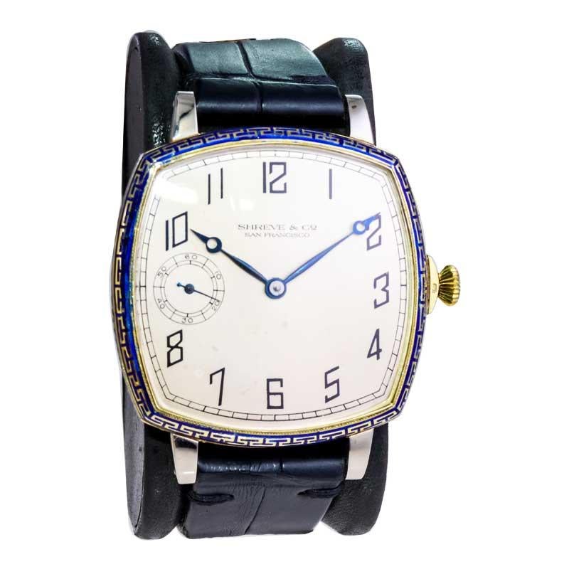 Shreve Yellow and White Gold Enamel Oversized Art Deco Watch For Sale 8