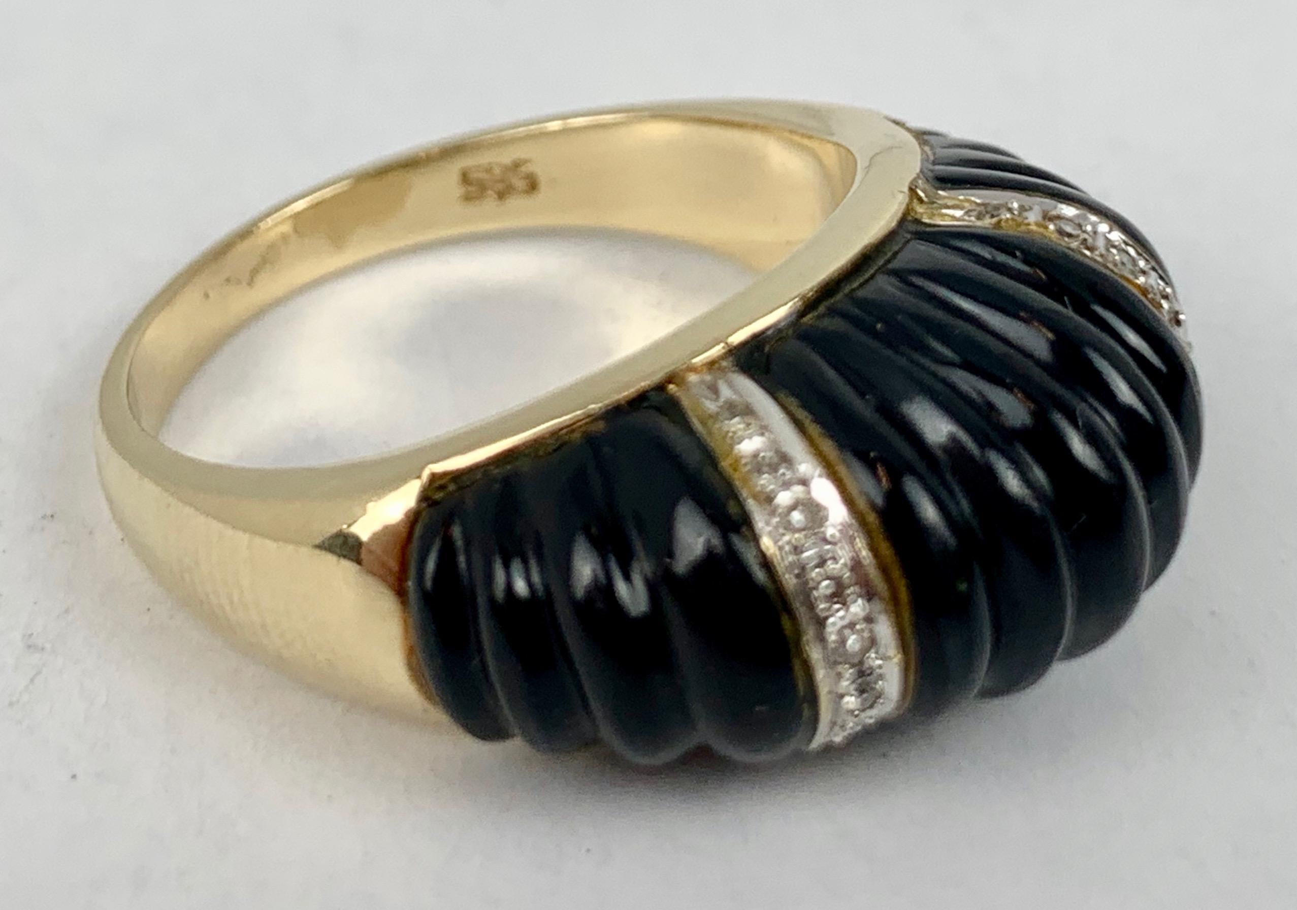 Round Cut   Shrimp Style Ring with Carved Onyx and Diamonds set in 14K Yellow Gold