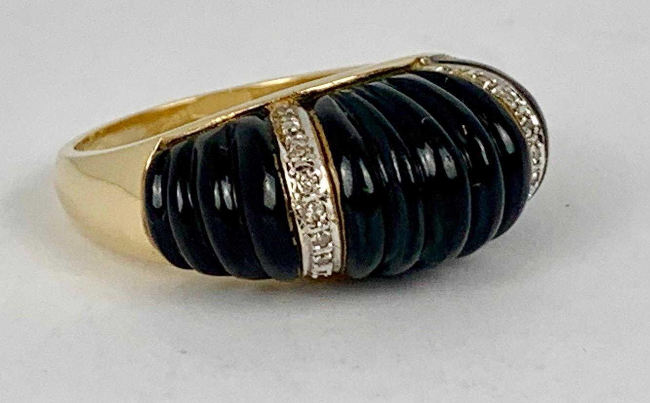 Women's   Shrimp Style Ring with Carved Onyx and Diamonds set in 14K Yellow Gold