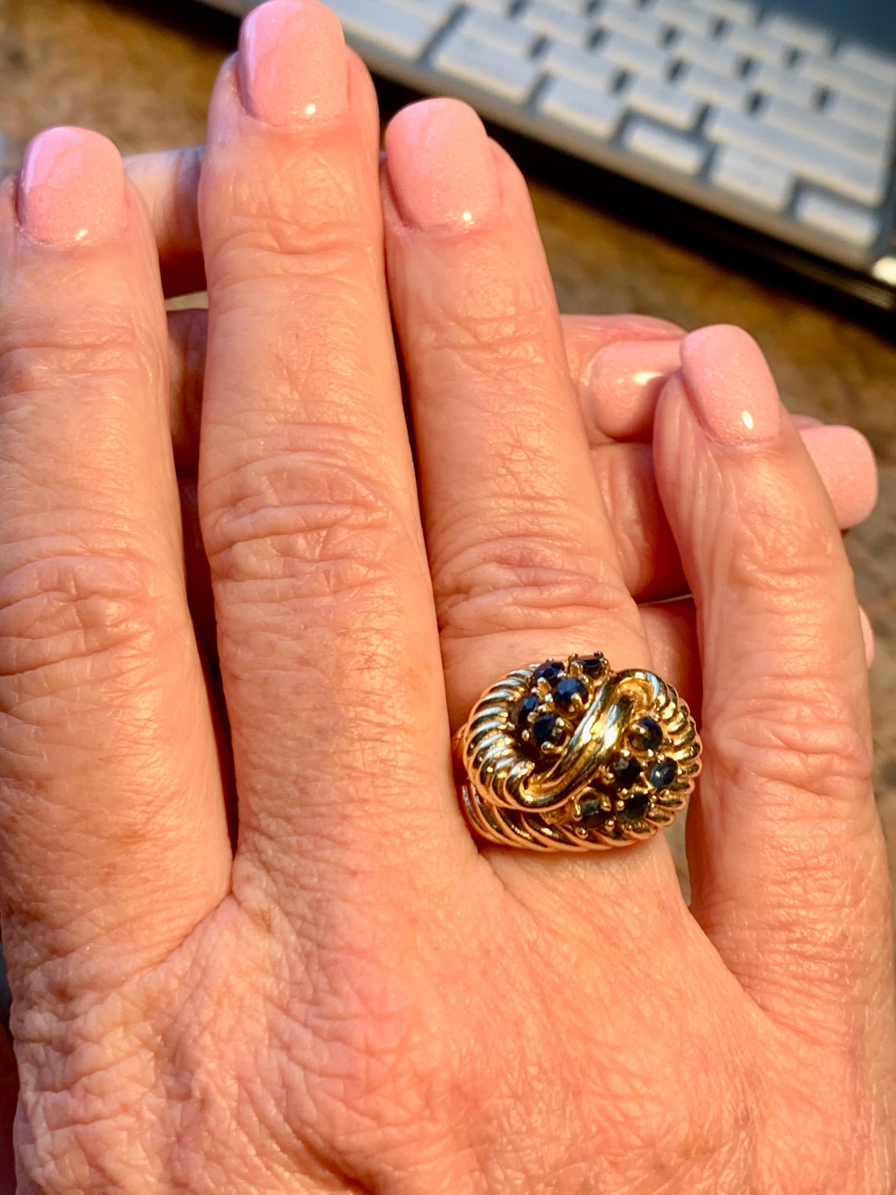 Round Cut  Shrimp Style Gold Ring with 10 Round Faceted Sapphires, 14 kt y.g. For Sale