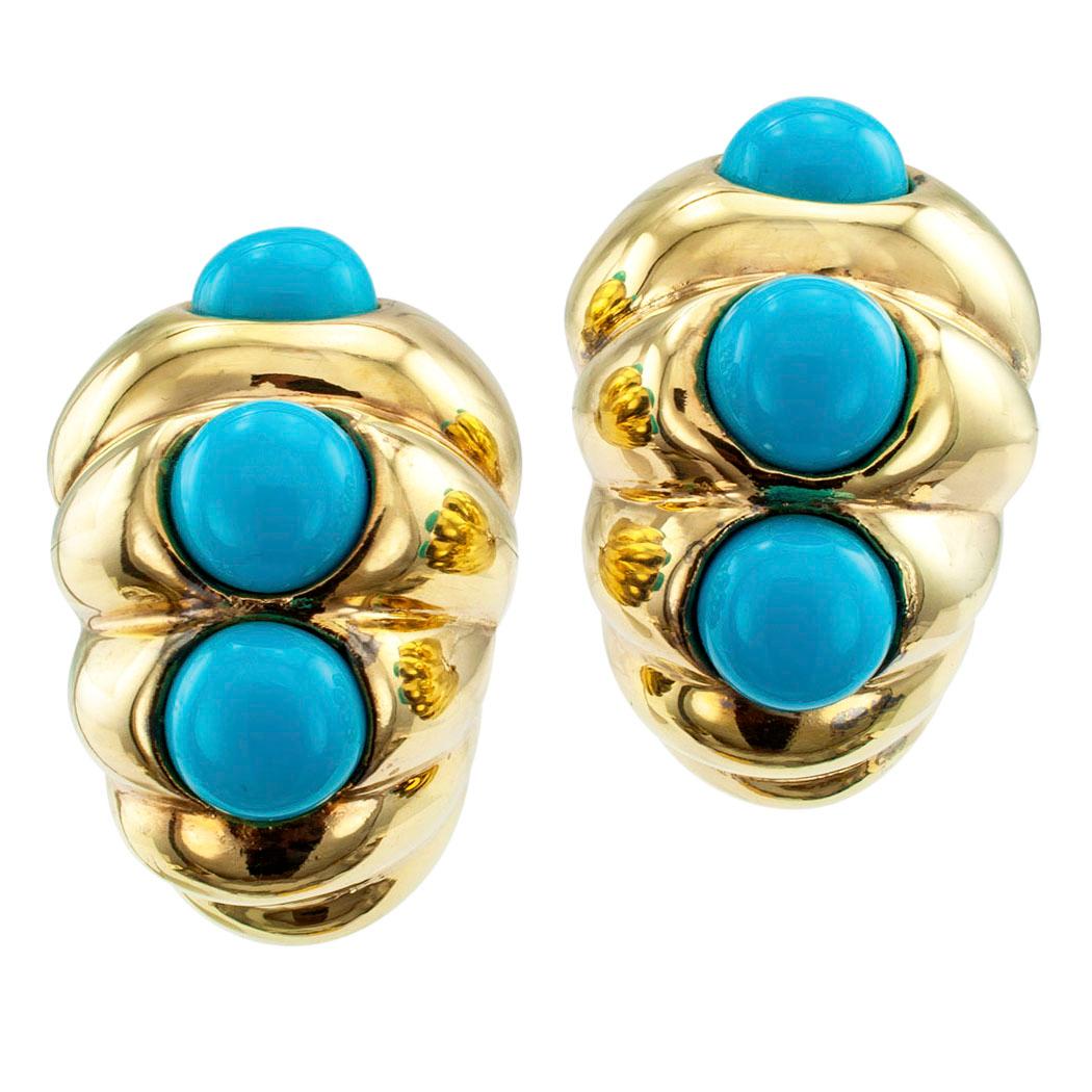 Turquoise and gold tapered shrimp hoop earrings circa 1980. The designs are large enough to qualify for “Jumbo Shrimp” designation. Check out the dimensions below. Each is decorated with a trio of slightly graduated turquoise cabochons, mounted in