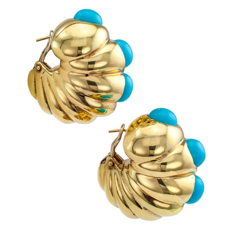 Shrimp Style Turquoise Gold Hoop Earrings at 1stDibs