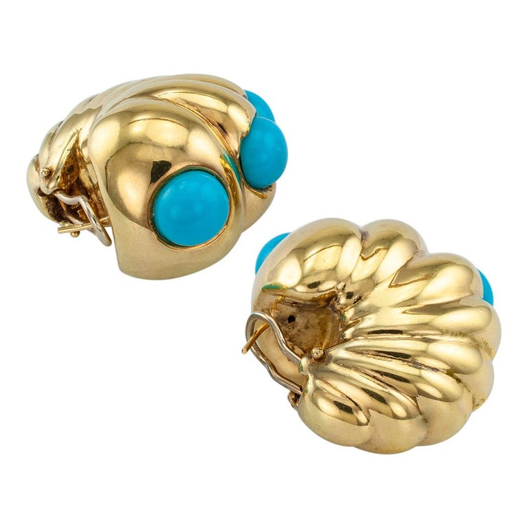 Shrimp Style Turquoise Gold Hoop Earrings at 1stDibs