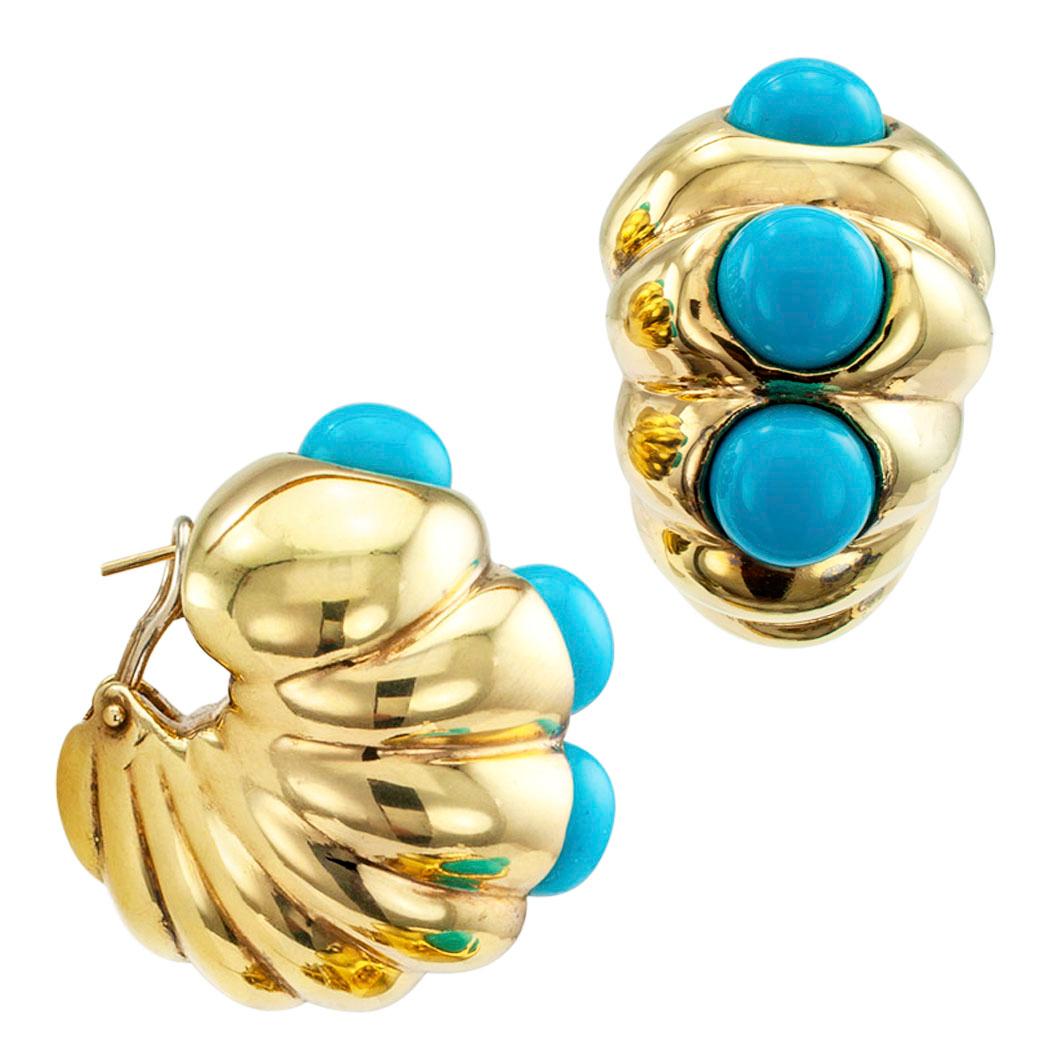 Shrimp Style Turquoise Gold Hoop Earrings