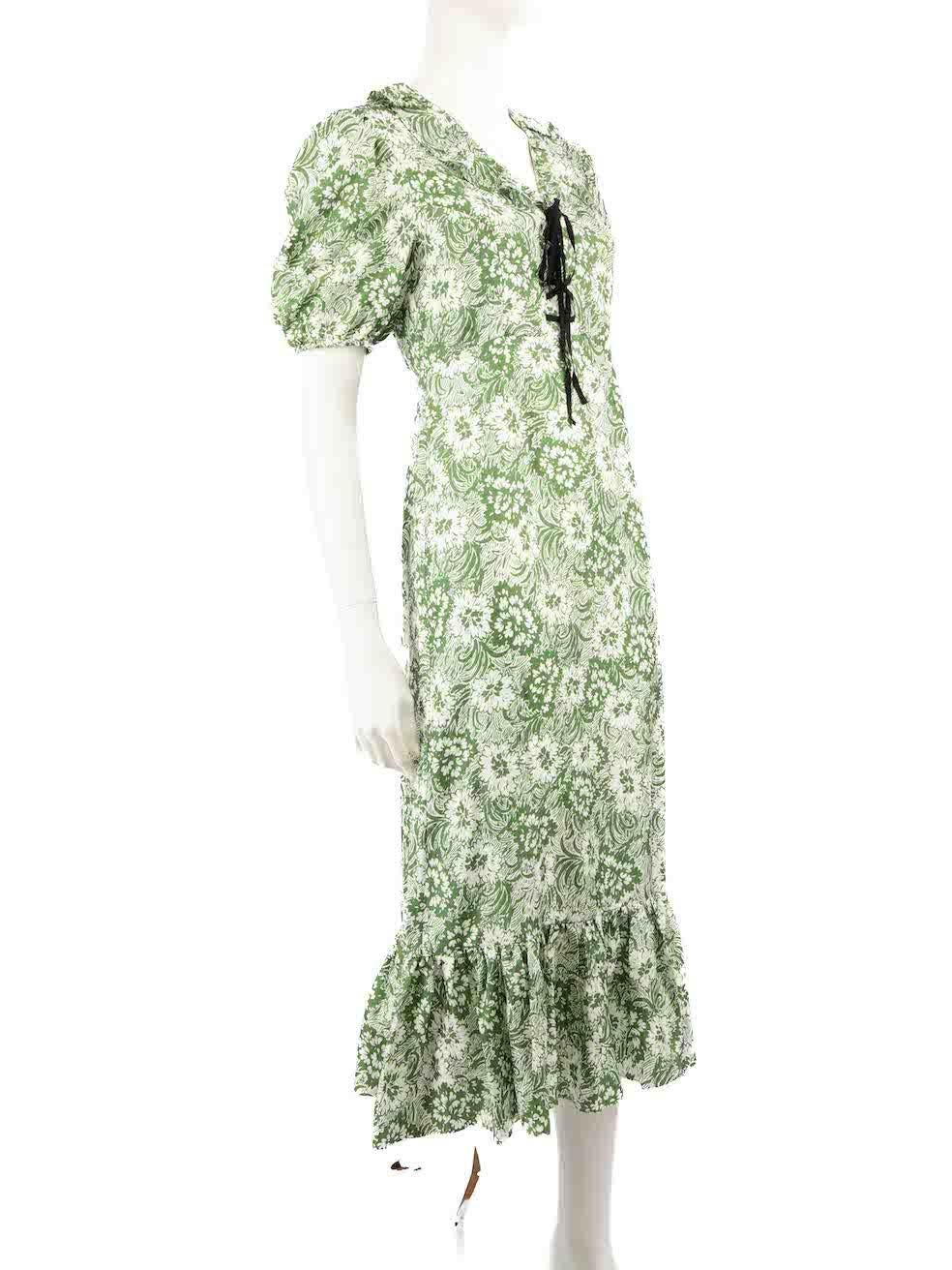 CONDITION is Very good. Hardly any visible wear to dress is evident on this used Shrimps designer resale item.
 
 
 
 Details
 
 
 Green
 
 Silk
 
 Dress
 
 Floral print
 
 Midi
 
 Short puff sleeves
 
 Ruffle collar
 
 Front lace up detail
 
 Back