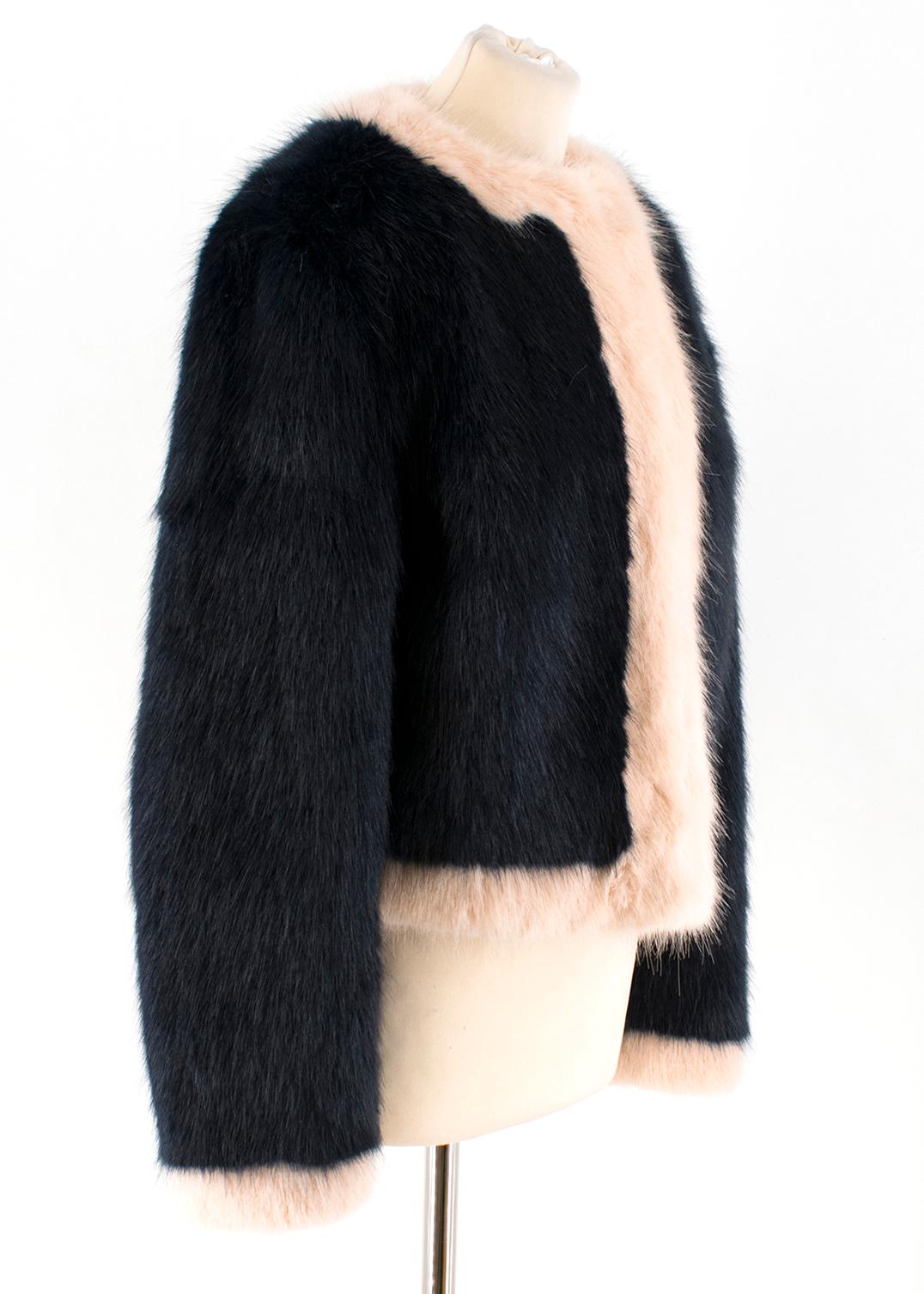 Shrimps Navy and Pink Faux Fur Coat 

- Navy Faux Fur Coat
- Pink collar and cuffs
- Round neck
- Hook and eye fastening at neck 
- Slip pocket inside 
- Soft lining 

Please note, these items are pre-owned and may show some signs of storage, even