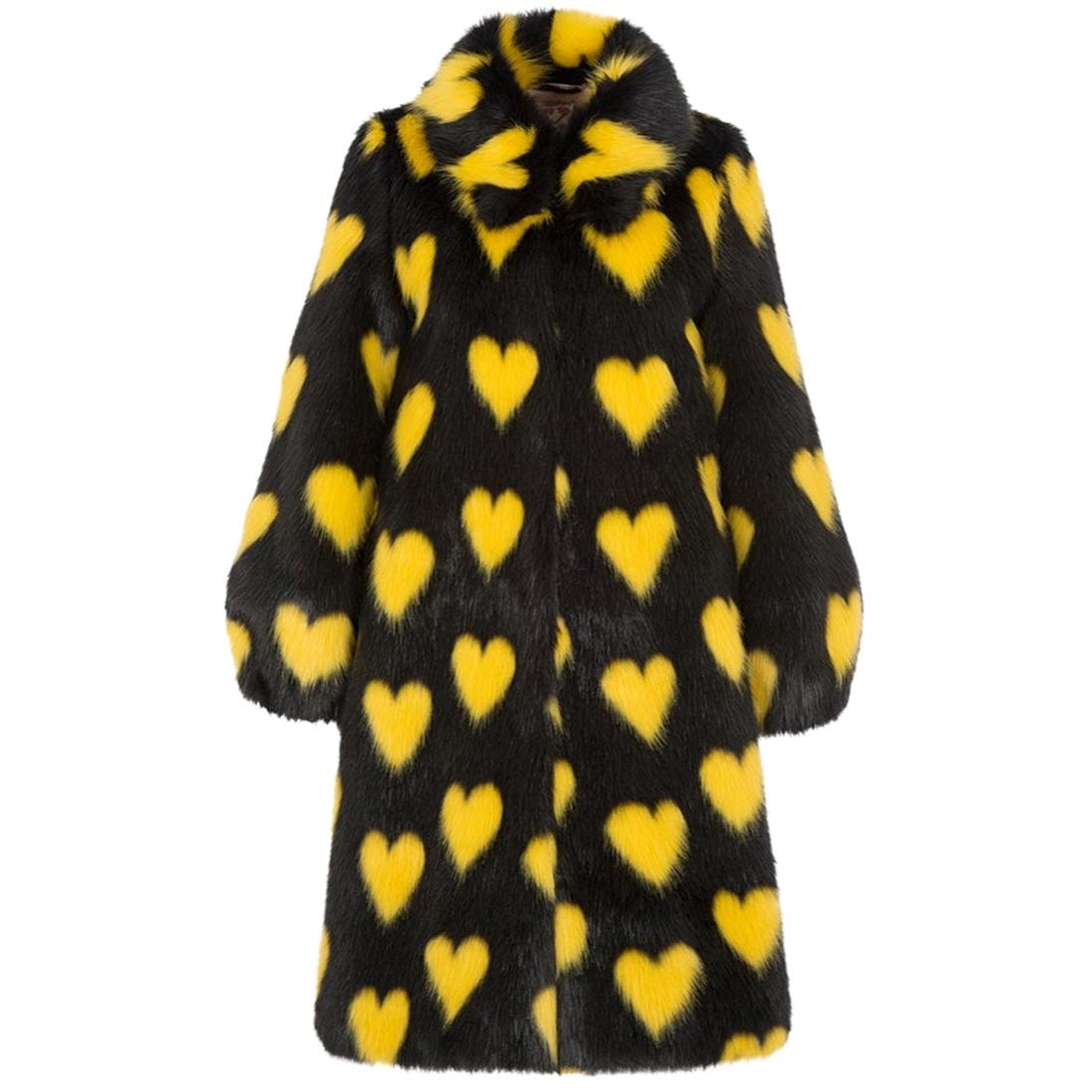 Shrimps Yellow & Black Heart Faux Fur Coat - Size US 8