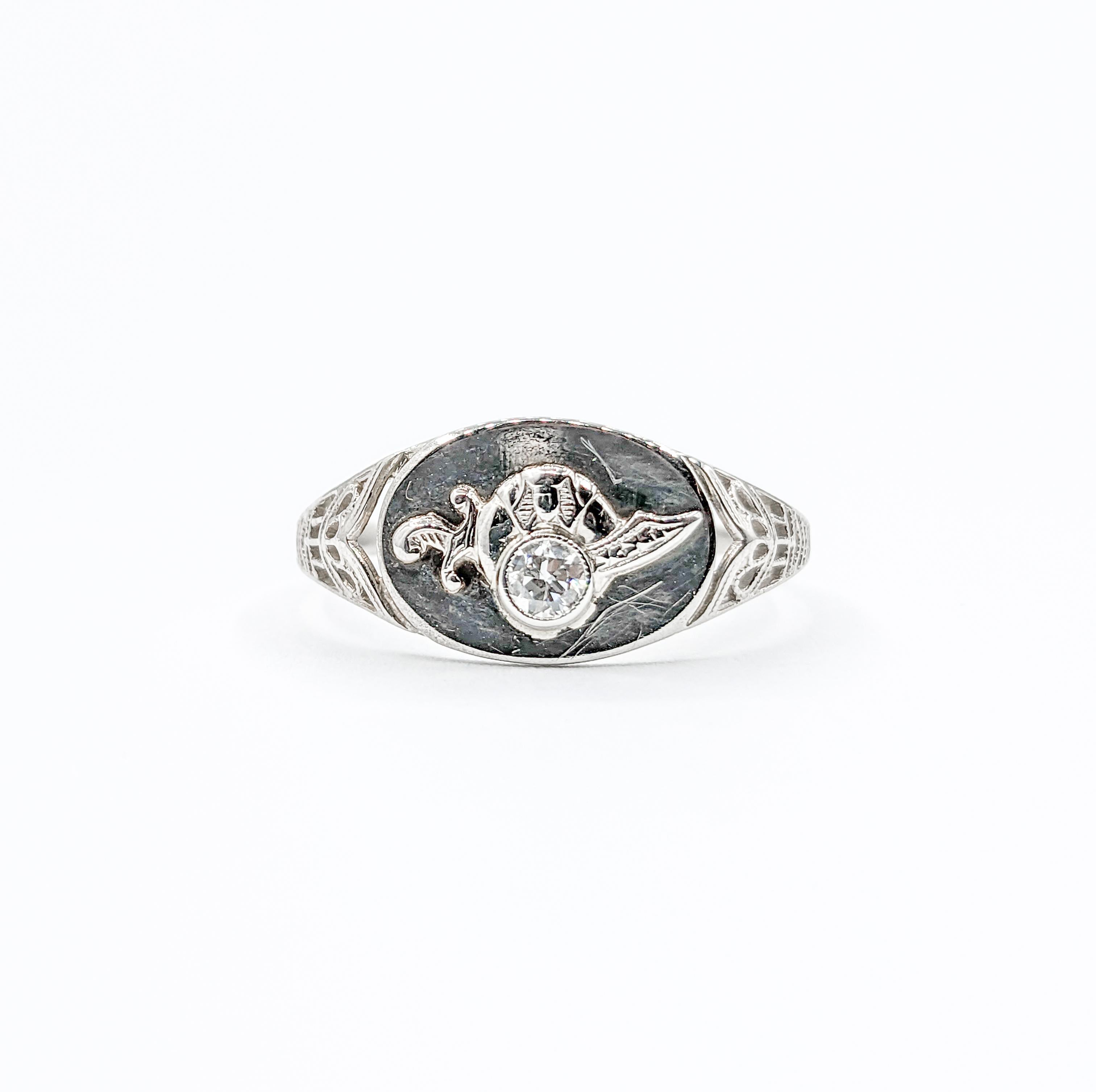 Shriner Diamond Filigree Ring in White Gold For Sale 2