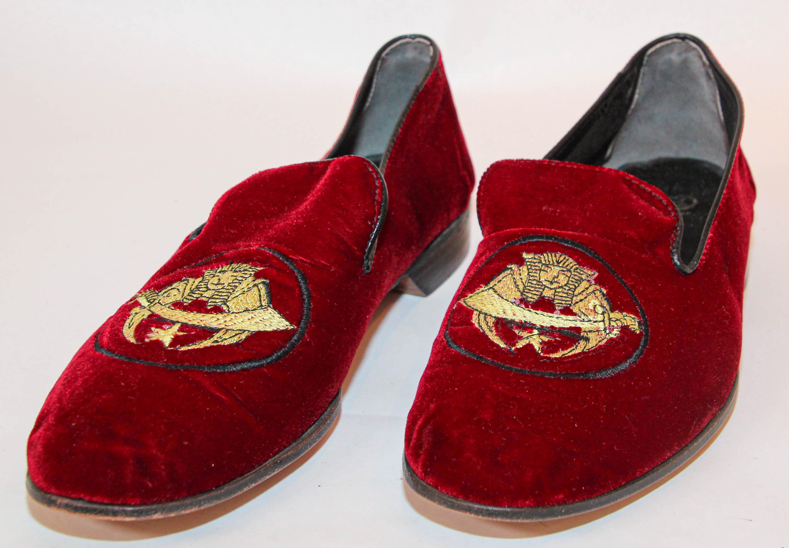 Shriner Red Velvet Shoes Embroidery Loafers Slip On Size 8.5 For Sale 8