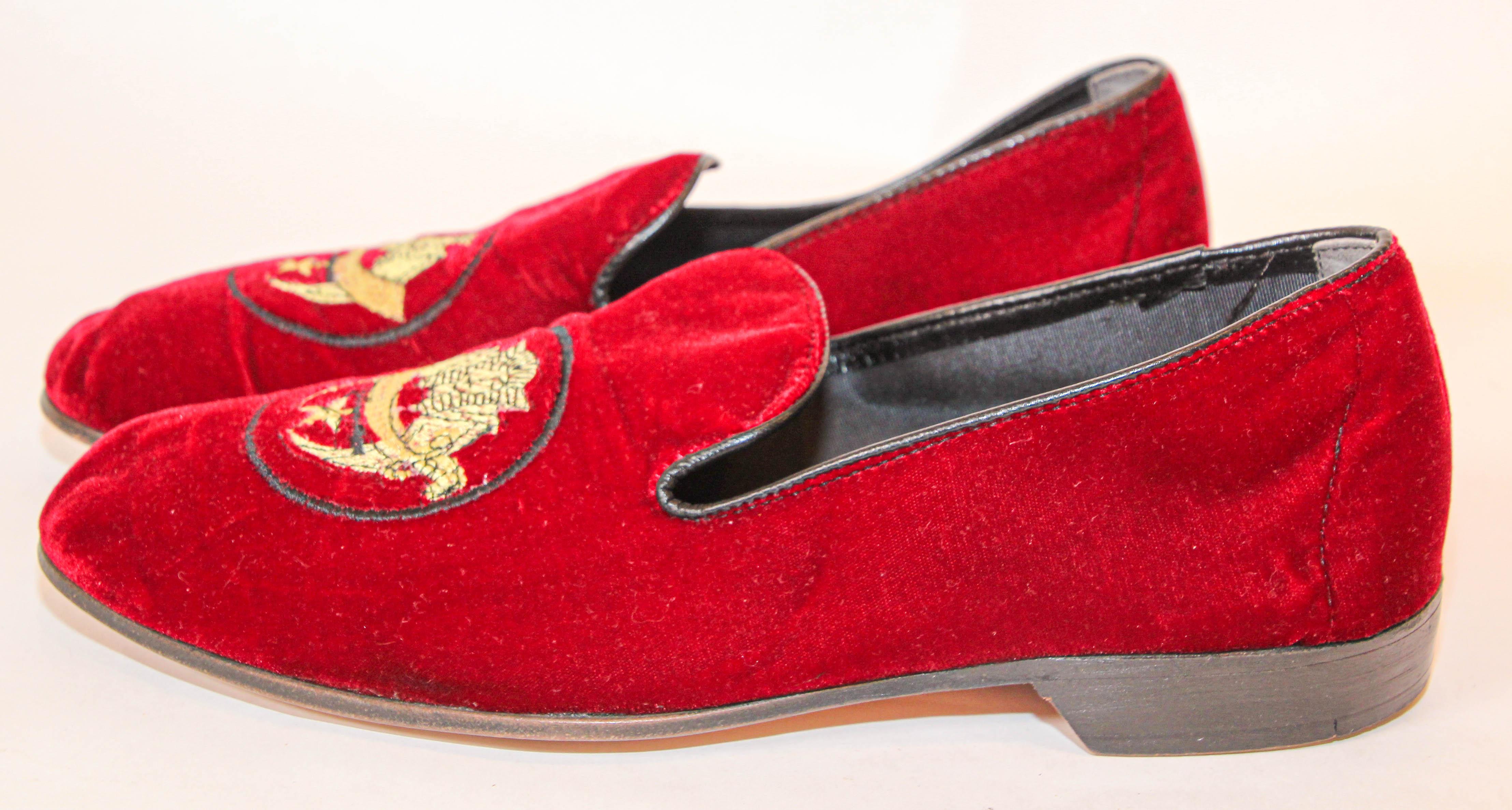 Shriner Red Velvet Shoes Embroidery Loafers Slip On Size 8.5 For Sale 1