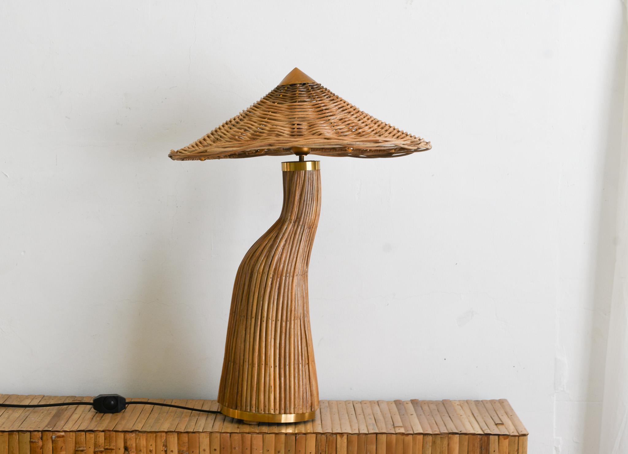 Hand-Crafted Shroom Rattan Pencil Reed Table Lamp Mid Century Modern For Sale