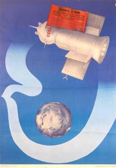 Original Vintage Poster USSR Peace Decree Earth Dove Soviet Space Station Design