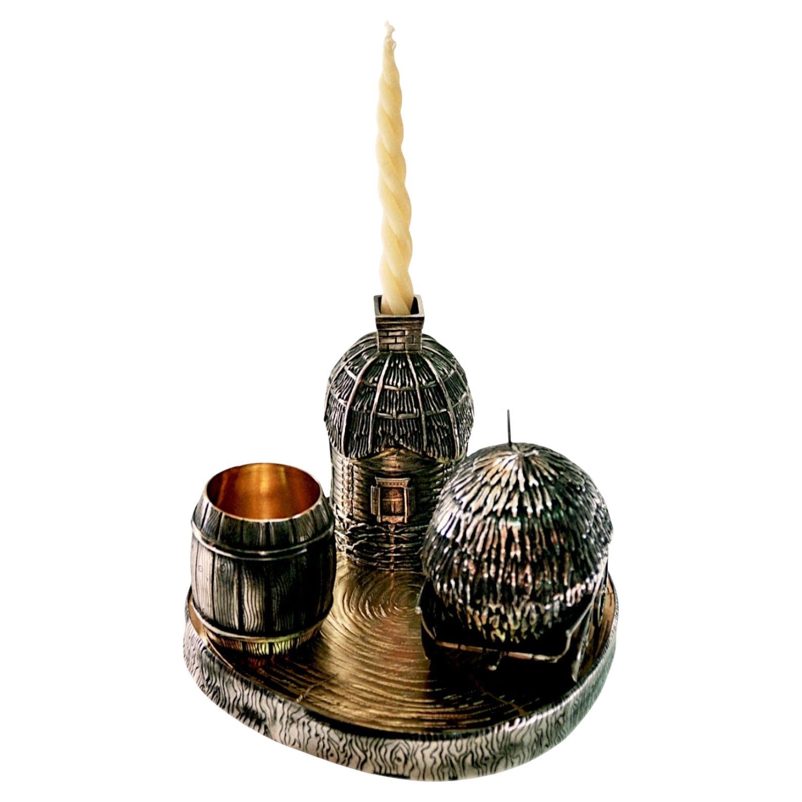 Shtetl Havdalah Composition in Sterling Silver and 24K Gold Gilding Judaica set For Sale