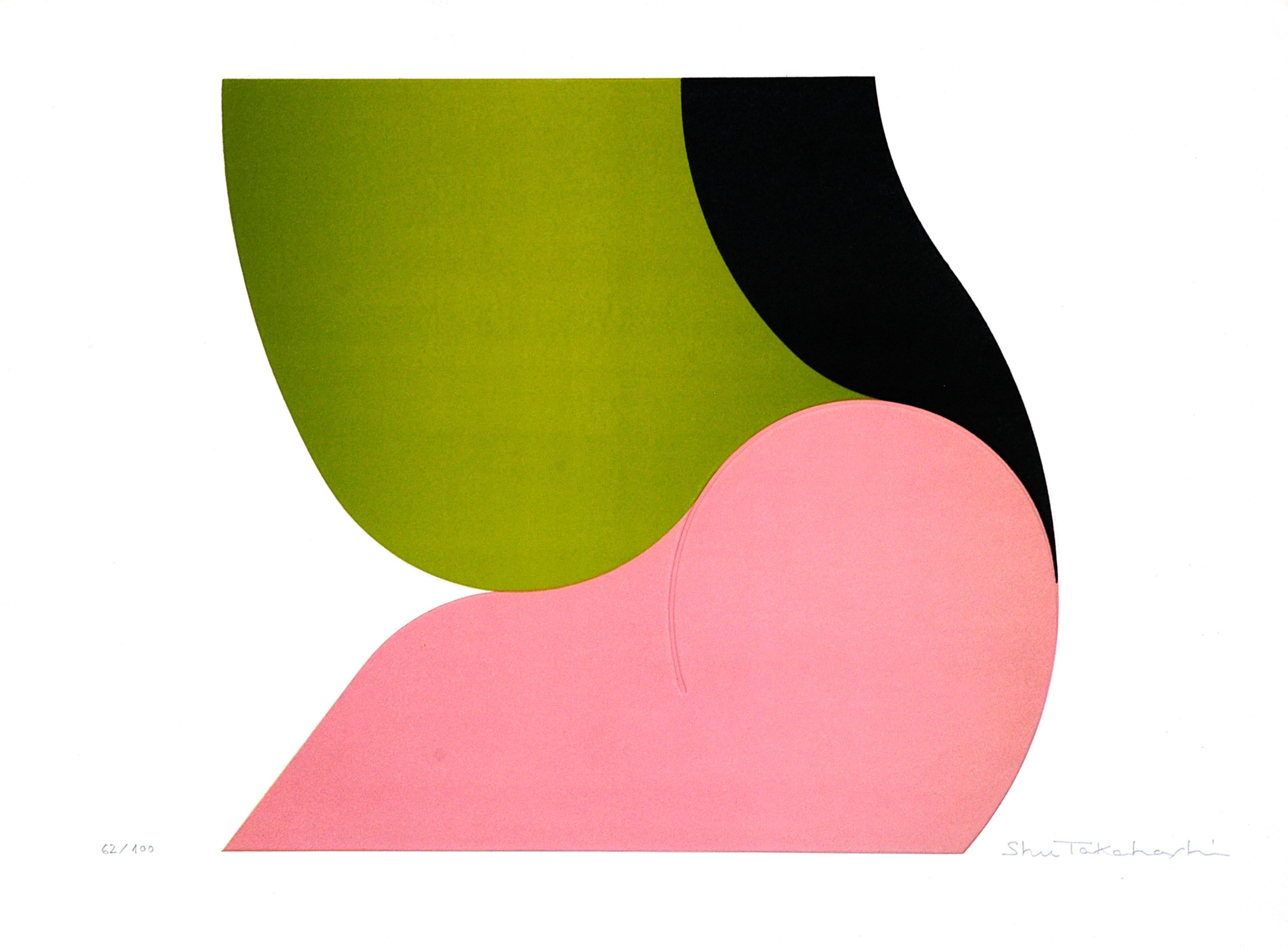 Annunciation is an original print, hand-signed by Shu Takahashi.

This is an edition of 100 prints. Its technique is chalcography and serigraphy.

This beautiful print shows an abstract composition with only two colors: green and pink. While it