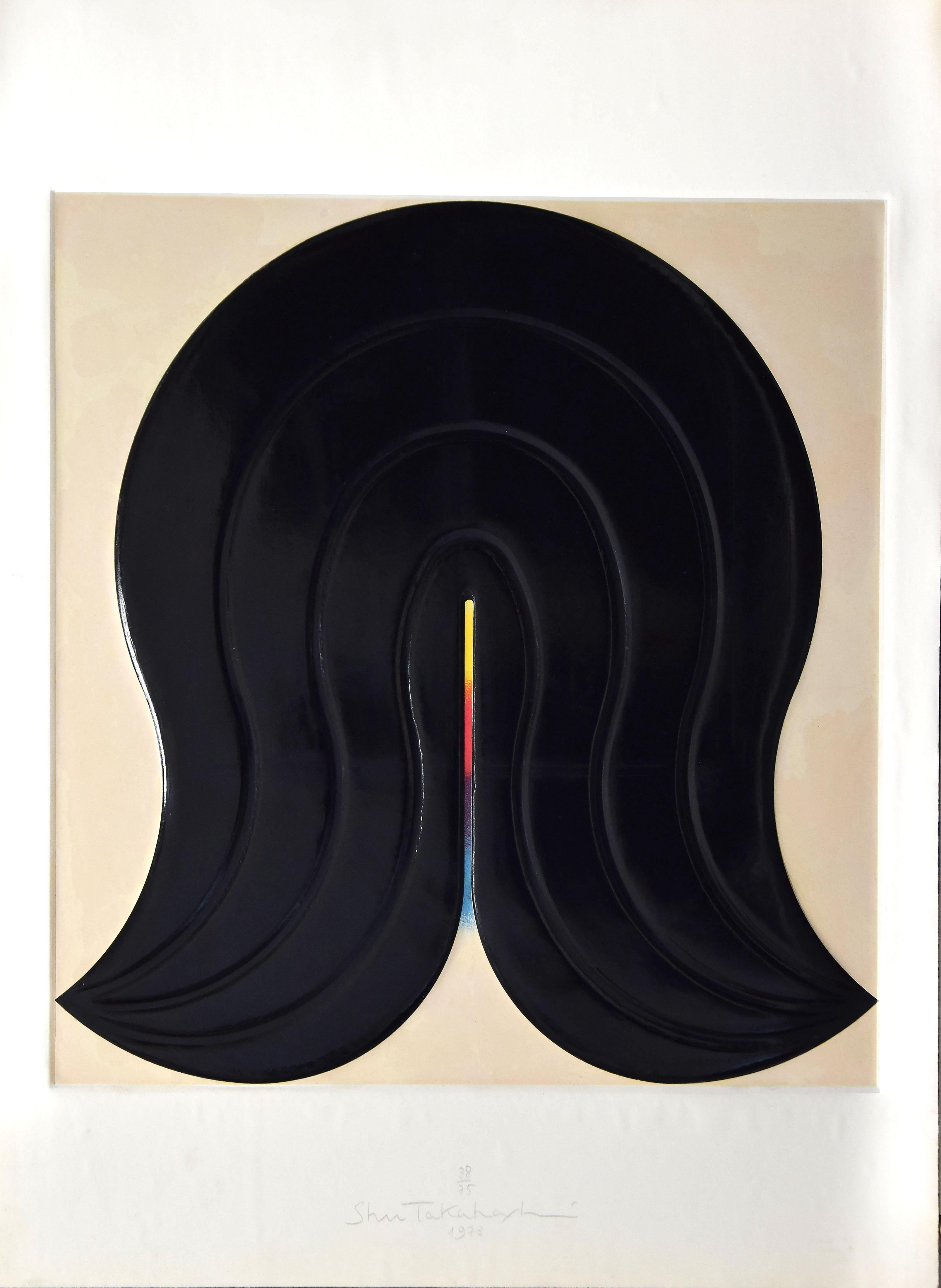 Black Figure is an abstract silk-screen and copperplate engraving print on heavy paper, realized in 1973 by the Japanese artist Shu Takahashi. 

Hand signed, numbered and dated on the lower margin. Edition of 75.

The artwork is glued on linoleum