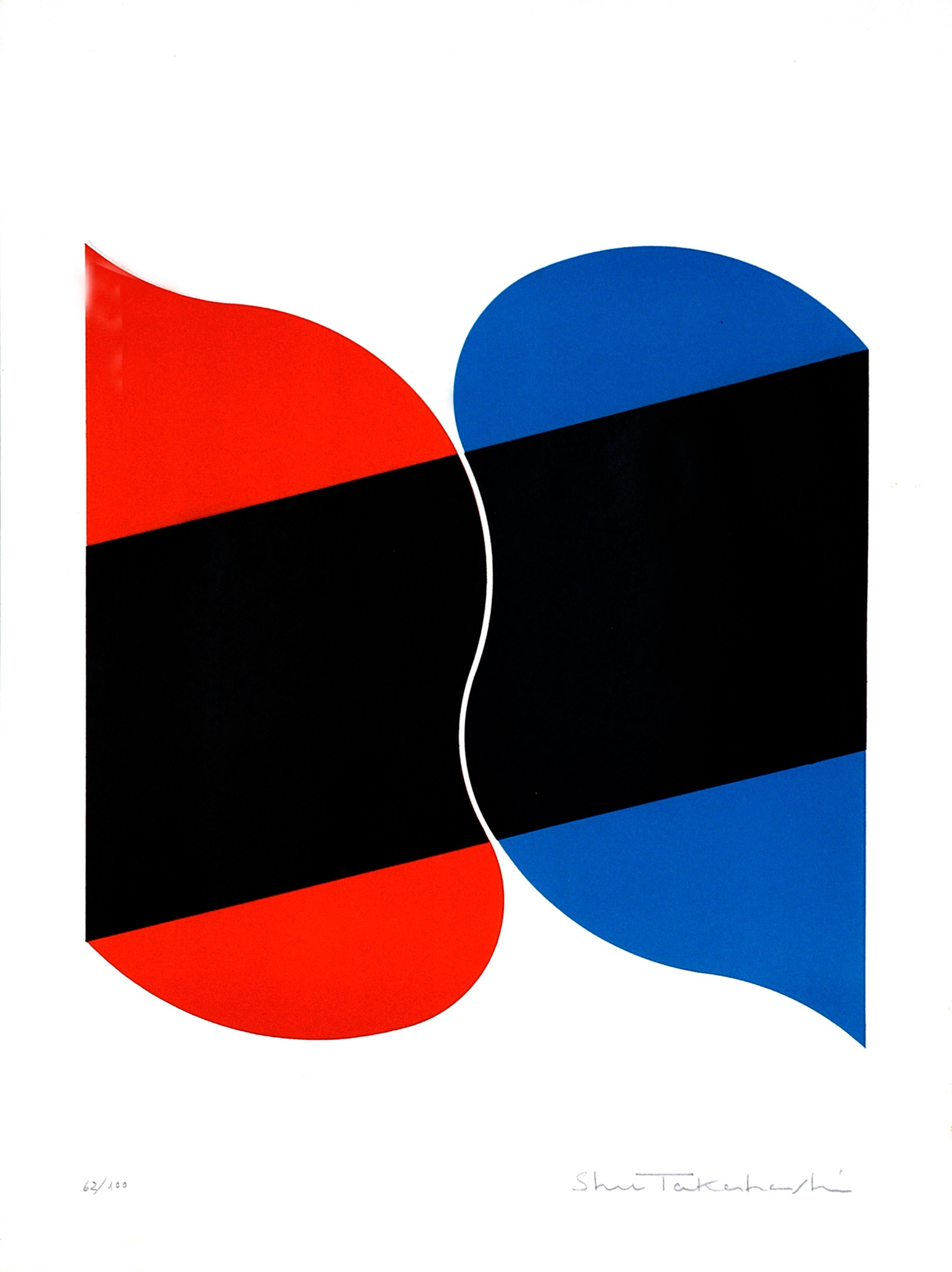 Leda is a beautiful colorful print realized by Shu Takahashi.

This is a hand-signed edition of 100 prints. Its technique is chalcography and serigraph.

This very simple abstract composition presents two colors (blue and red) crossed by a black
