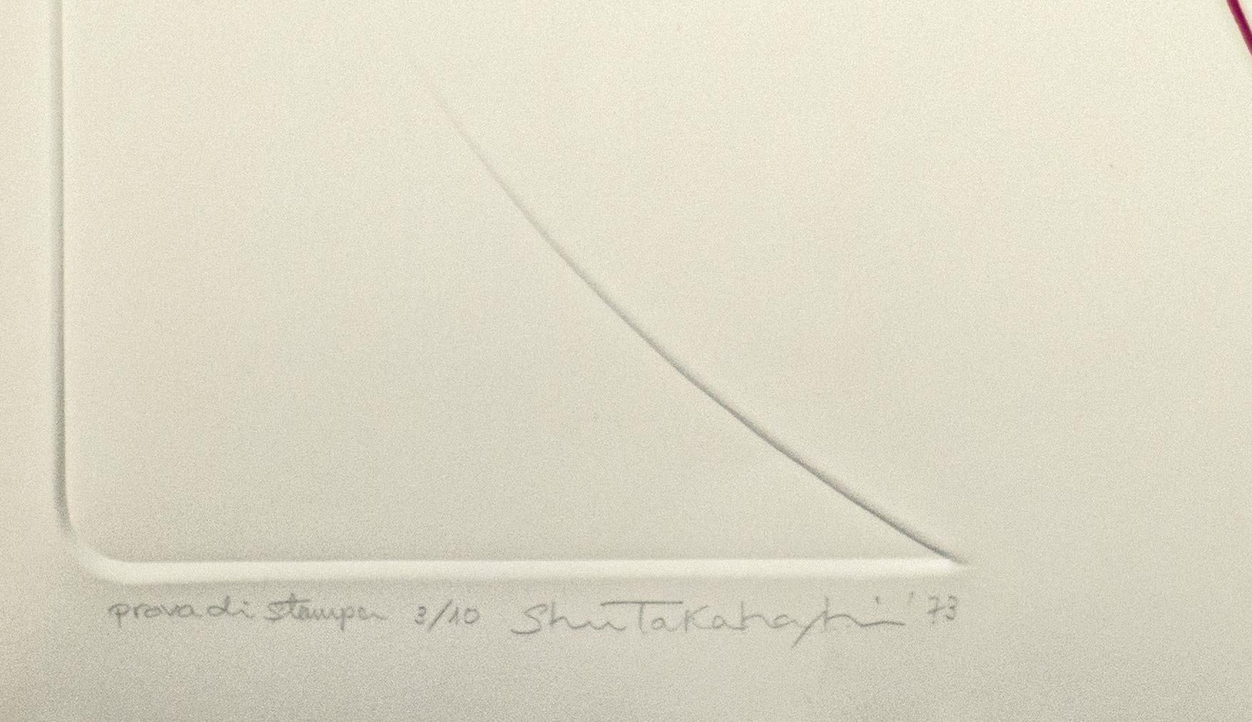 Calcography and relief realized by S. Takahashi in 1973. 

Edition of 75 pieces plus 10 Artist's Proofs. One of the 10 artist's proofs, numbered and hand signed.

Shu Takahashi was born in Hiroshima in 1930. In 1950 he moved to Tokyo and in spite of