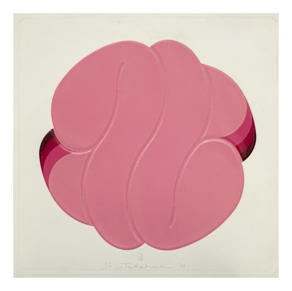 Pink Ball is an abstract silk-screen and copperplate engraving print on heavy paper, realized in 1973 by the Japanese artist Shu Takahashi.

Hand-signed, dated and numbered on the lower margin. Edition of 75.

Good conditions.

Shu Takahashi was a