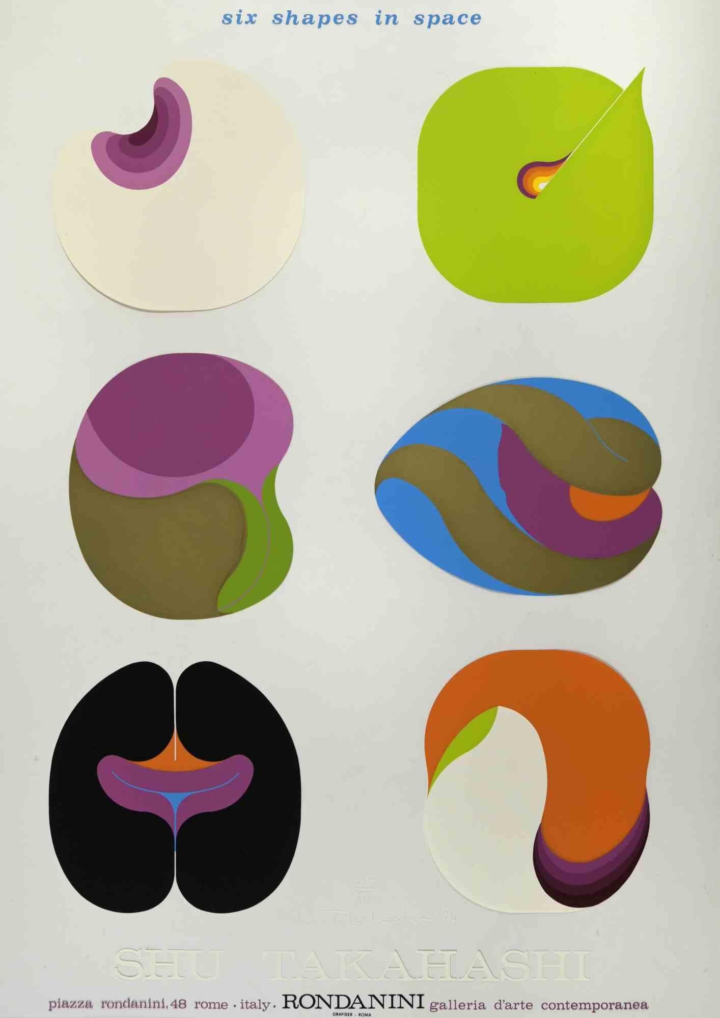 Shu Takahashi Abstract Print - Six Shapes in Space - Mixed Media by S. Takahashi - 1974