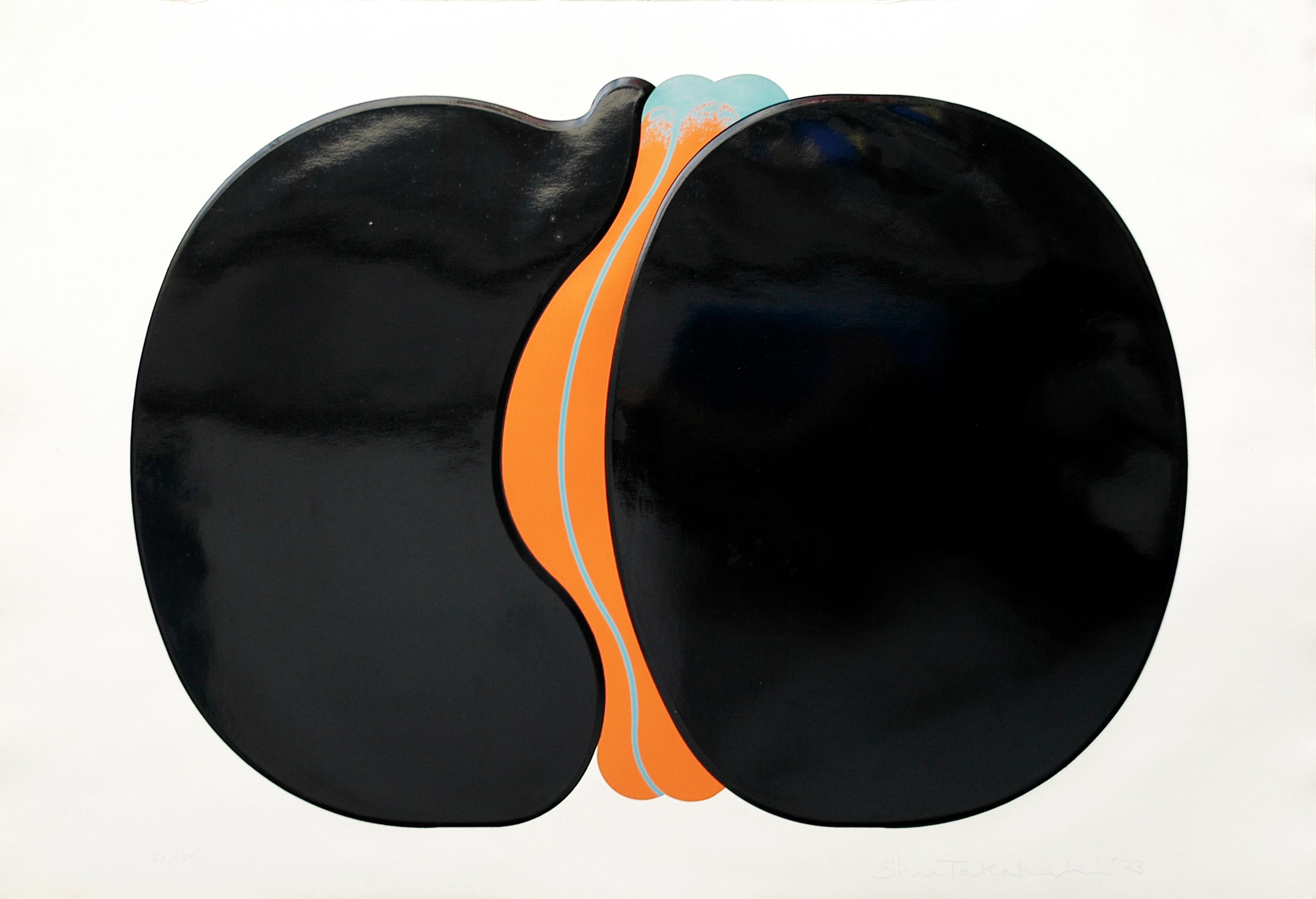 Untitled - Black Round is an original artwork realized by Shu Takahashi in 1973. Colored screenprint on heavy paper. Good conditions except for some foxing on the upper right margin. 

The artwork represents a big abstract black shape with two