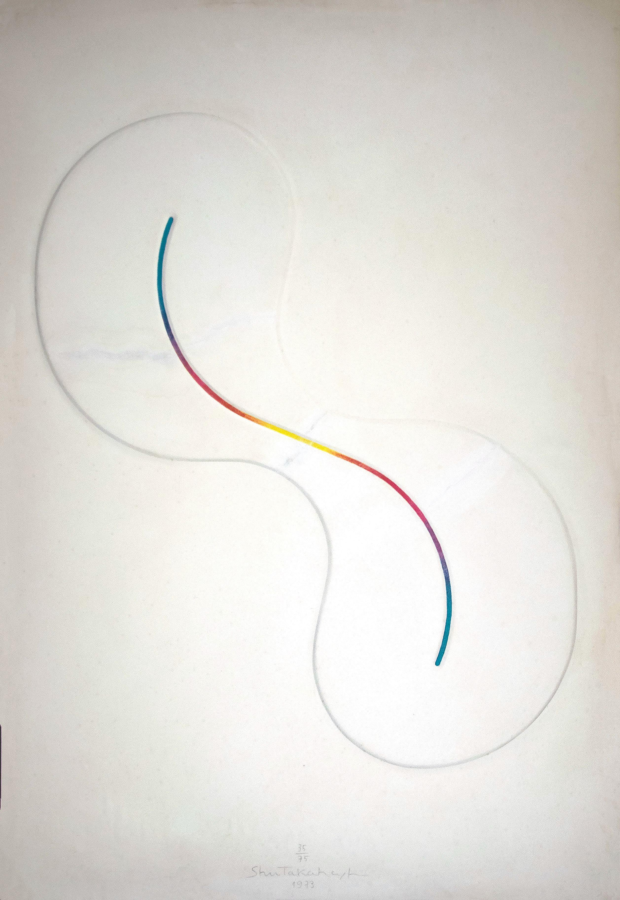 White Germ is an abstract silk-screen and copperplate engraving print on heavy paper, realized in 1973 by the Japanese artist Shu Takahashi.

Hand signed, numbered and dated on the lower margin. Edition 35/75.

The artwork is glued on