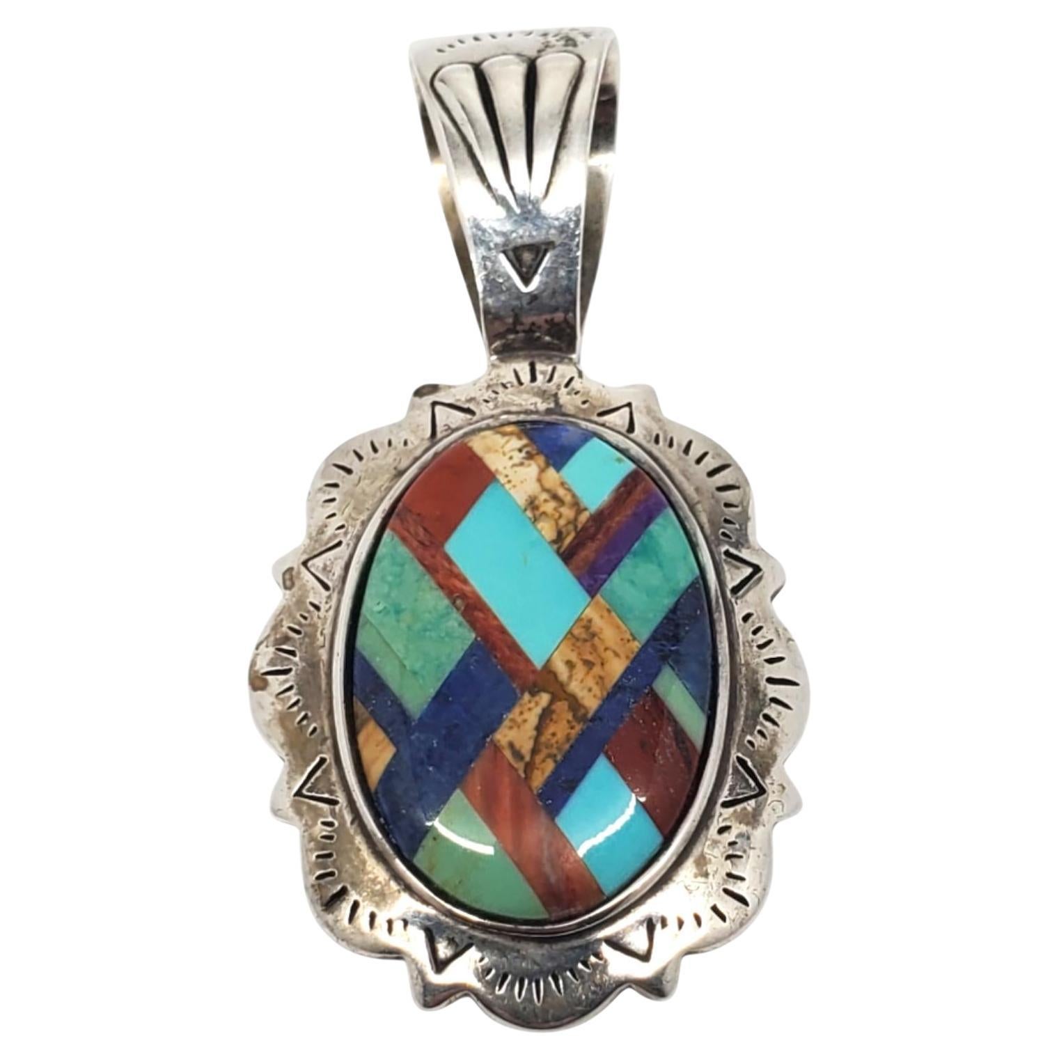 Ciondolo con intarsio a mosaico Navajo in argento sterling Shube #20786 in vendita