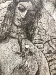 Modernist "I Am Black But Comely" Etching Israeli Judaica Bezalel School Woman