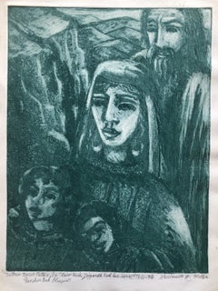 Vintage Modernist "Jethro" Aquatint Etching Israeli Judaica Bezalel School Woman Artist