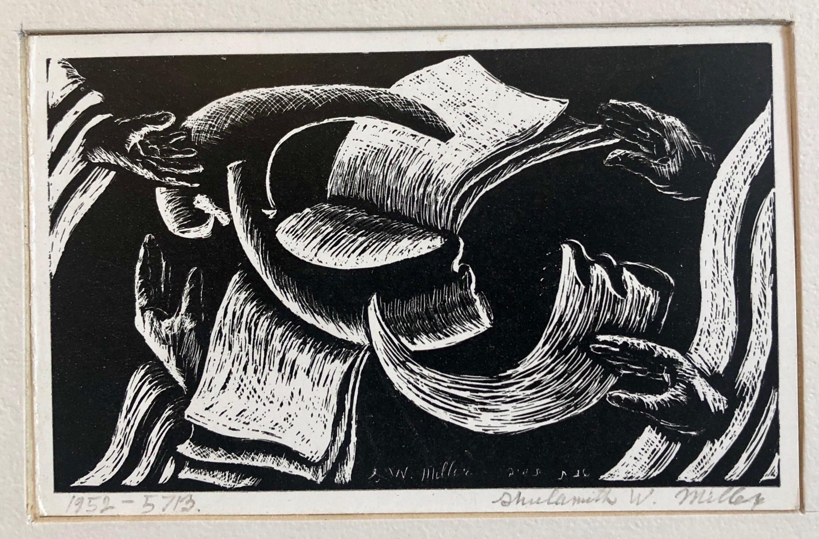 Shana Tova, Nuovo Anno Woodcut Israeli Judaica Early Bezalel School Donna Artista
