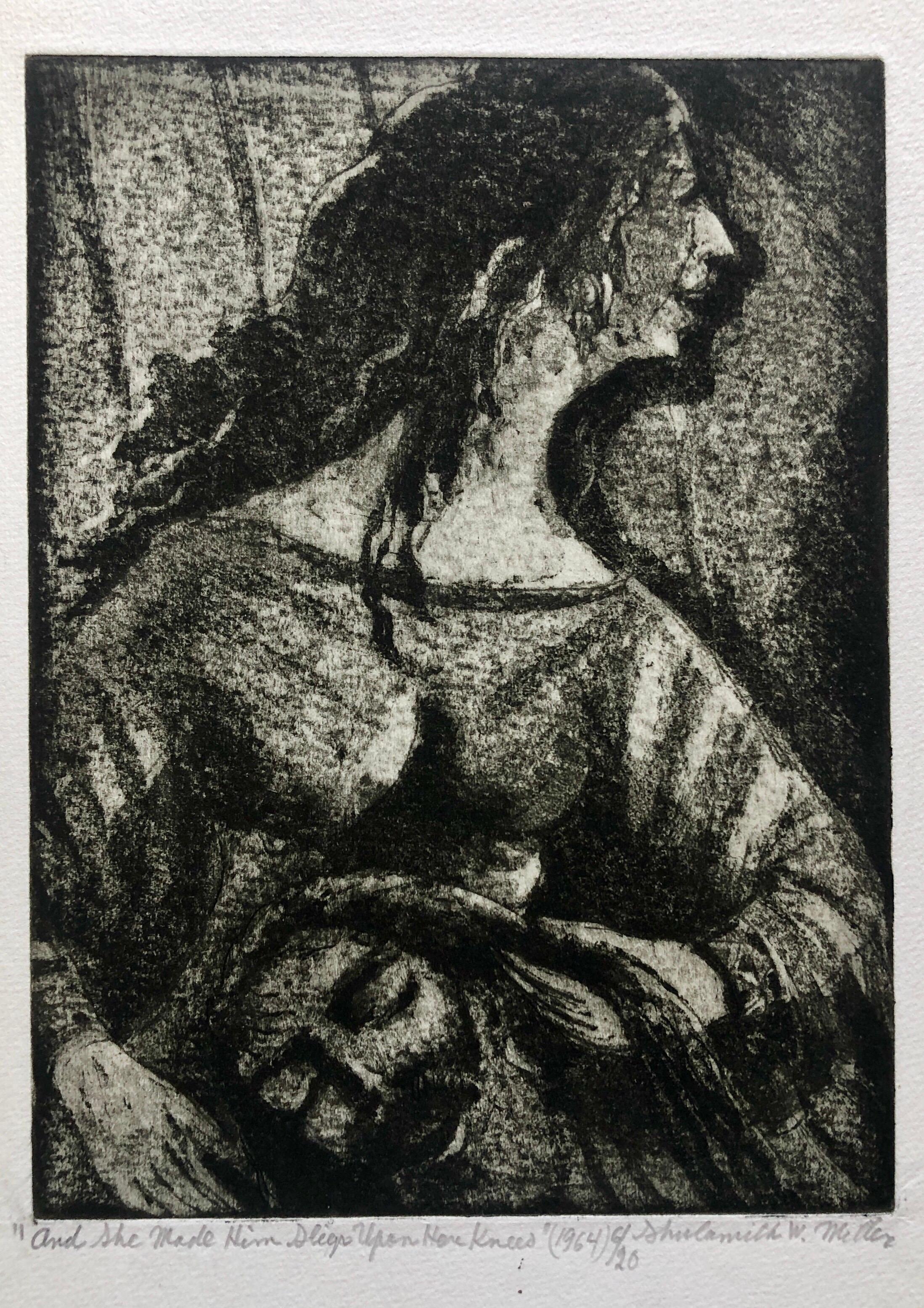 Shulamith Wittenberg Miller Figurative Print - "She Made Him Sleep on her Knees" Etching Israeli Judaica Bezalel School Woman 