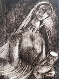 "Water He Asked Milk She Gave Him" Etching Israeli Judaica Bezalel School Woman