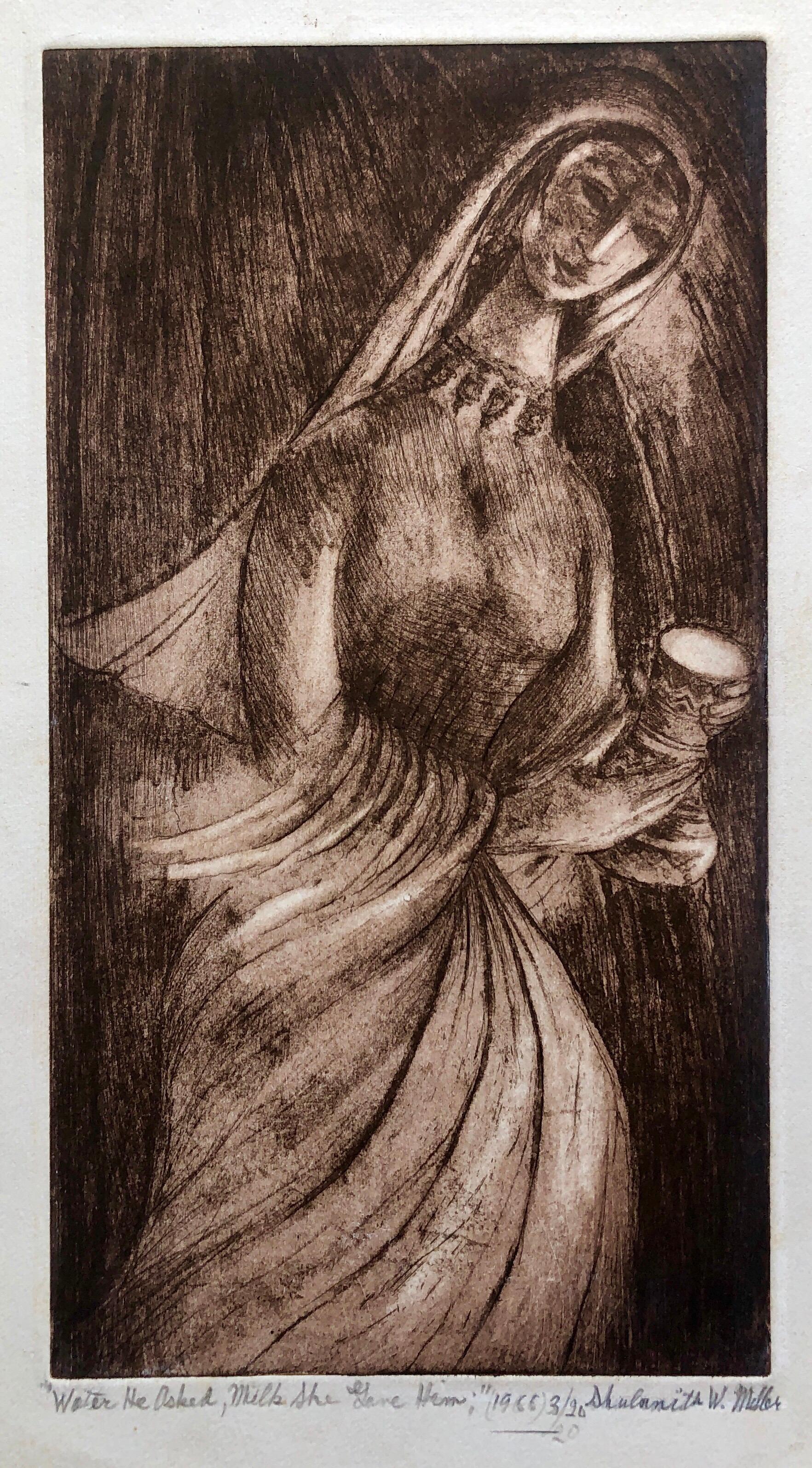 Figurative Print Shulamith Wittenberg Miller - "L'eau qu'il a demandée, le lait qu'elle lui a donné" Gravure Israël Judaïque École de Bezalel Femme 