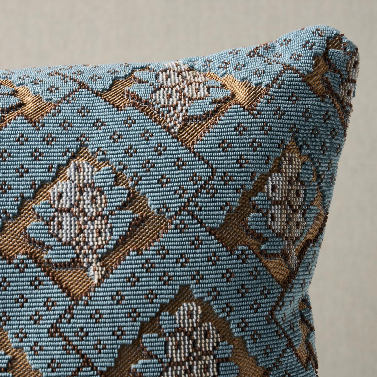 This pillow features Blair Silk Épinglé with a knife edge finish. A truly extraordinary velvet derived from a fragment of an 18th-century men's suit worn in Williamsburg, Worcester blue-colored Blair Silk Epinglé features a unique textural pattern