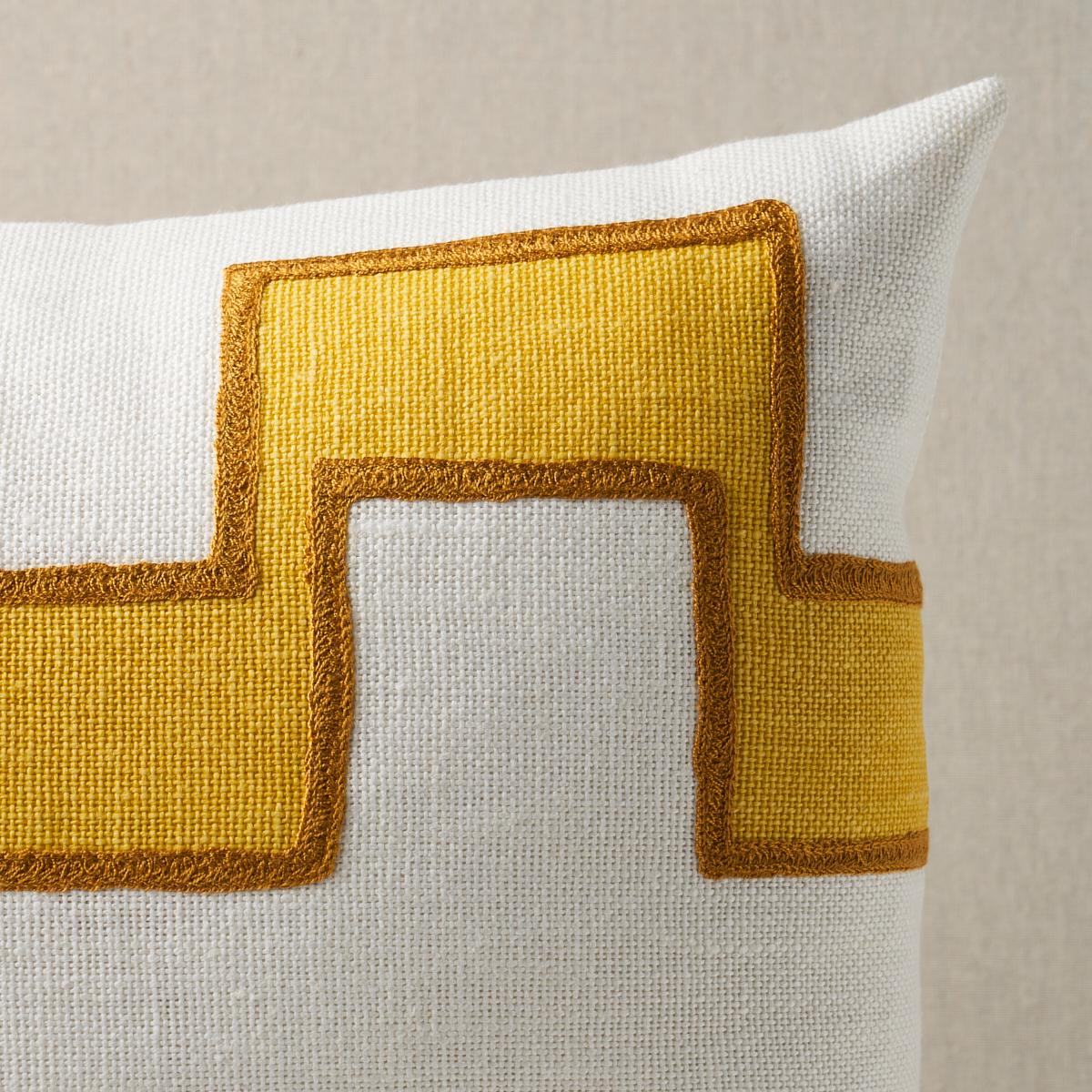 This pillow features Dixon Embroidered Print Linen with a knife edge finish. A series of stepped lines is handprinted with pigment ink on a linen ground and then embroidered along the edges to amp up the bold and graphic impact of this large-scale