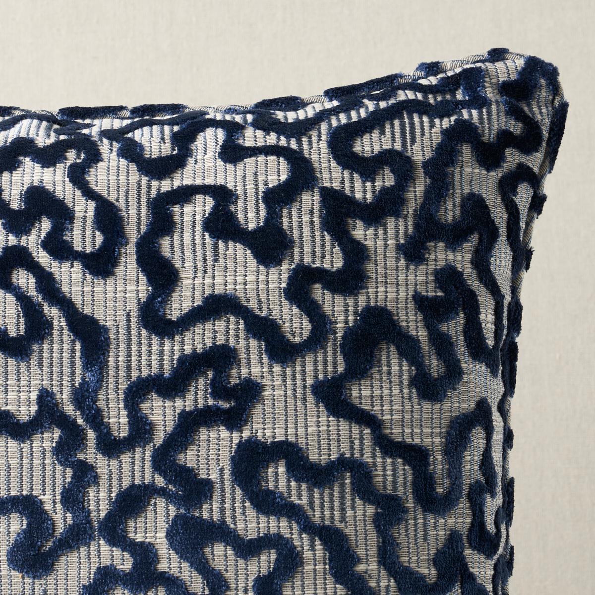 This pillow features Janis Velvet with a self welt finish. This handsome update of a traditional pattern features a scaled-up velvet vermicelli design against a jacquard ground. Pillow includes a feather/down fill insert and hidden zipper closure
