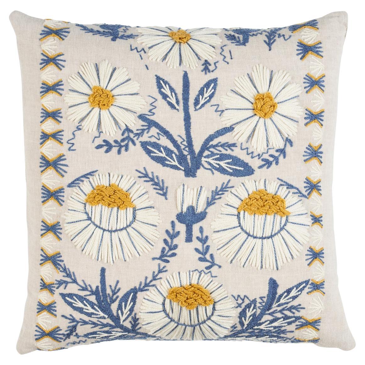 Shumacher Marguerite Embroidery 20" Pillow in Blue & Ochre For Sale