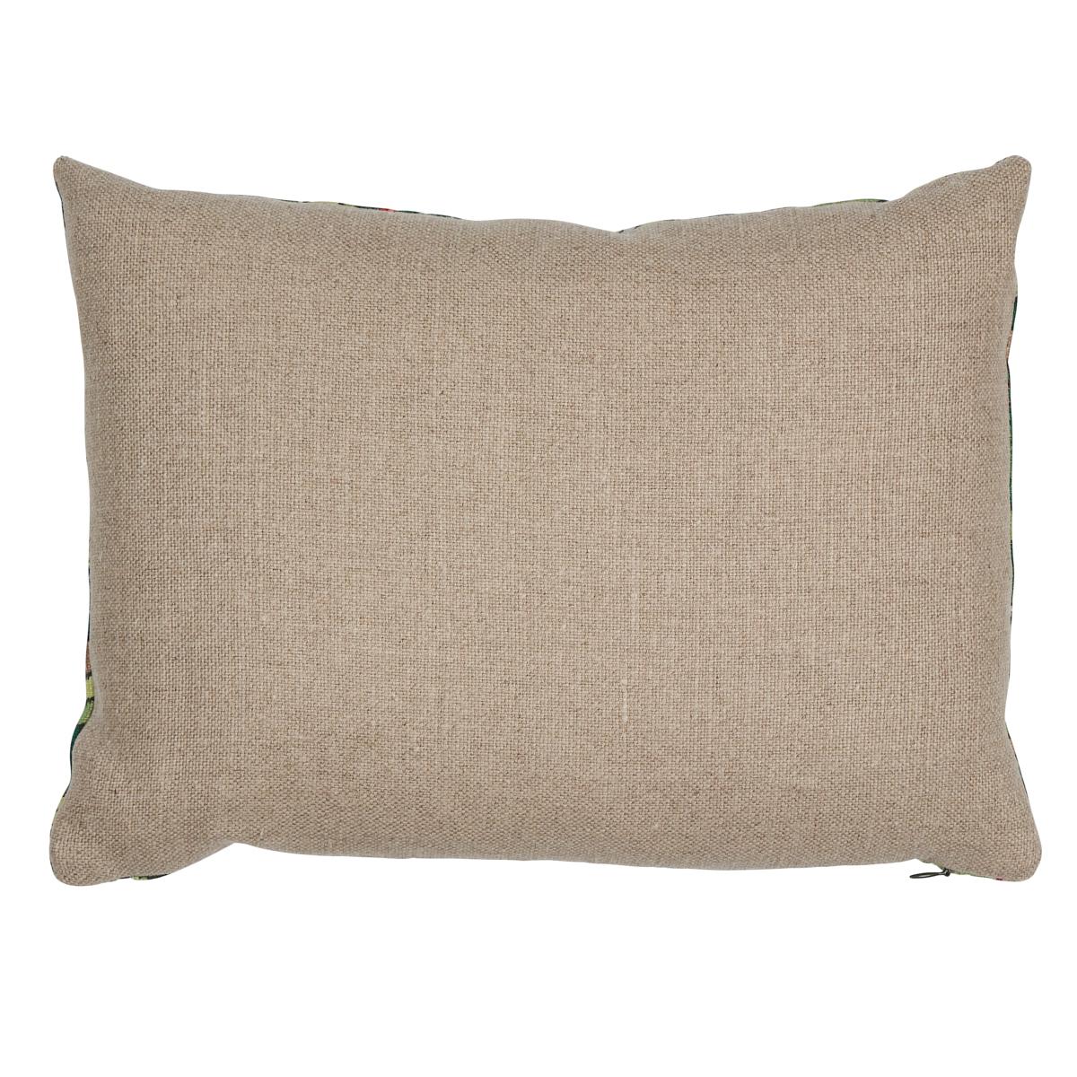 This pillow features Rolling Hills with a knife edge finish. Charming animals gambol within a naïve landscape in this whimsical full-coverage print. This design preserves the rustic simplicity of the embroidered original, which dates to 1960. Back