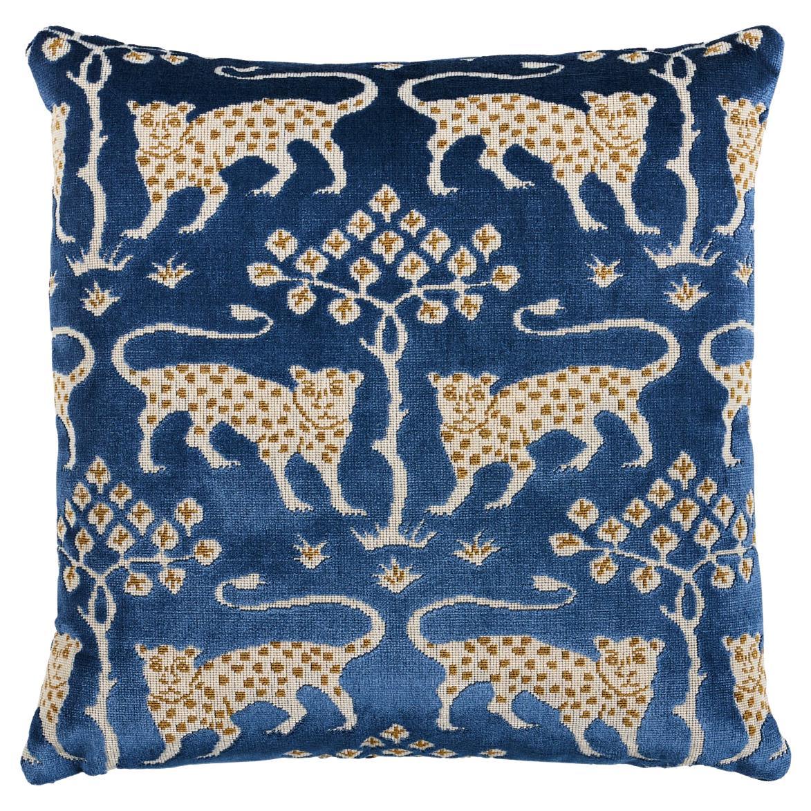 Shumacher Woodland Leopard Velvet 18" Pillow in Sapphire For Sale