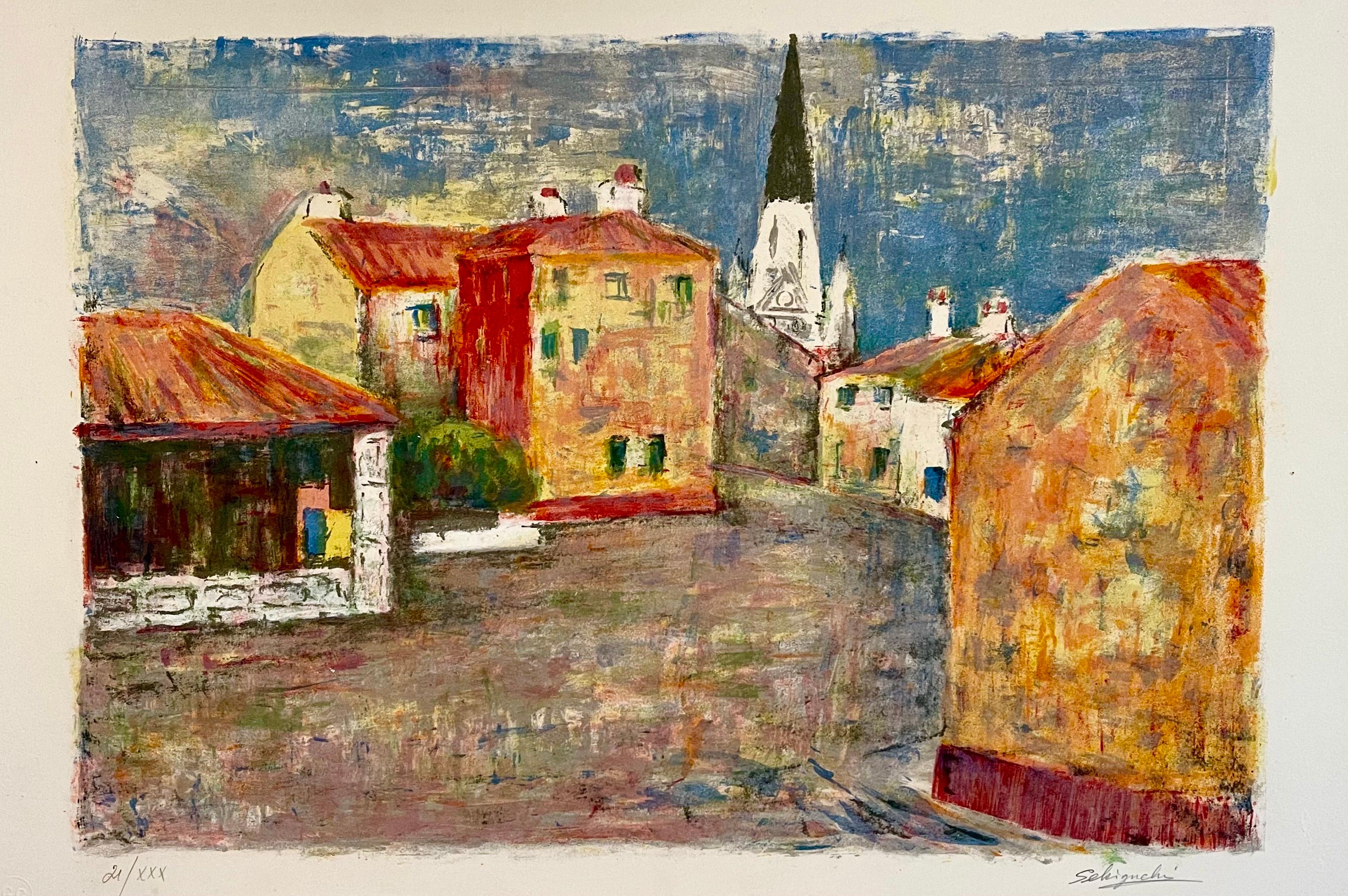 Shungo Sekiguchi, (giapponese, 1911-2002):  
Litografia a colori su Rives  carta
Firmato a mano a matita in basso a destra, numerato a mano
Sembra essere il villaggio di Montmarte a Parigi.


È stato pubblicato dalla Guilde de la Gravure, Parigi,