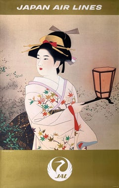 Original Vintage Japan Air Lines Woman in Beige Kimono Poster by Shunsui Ito