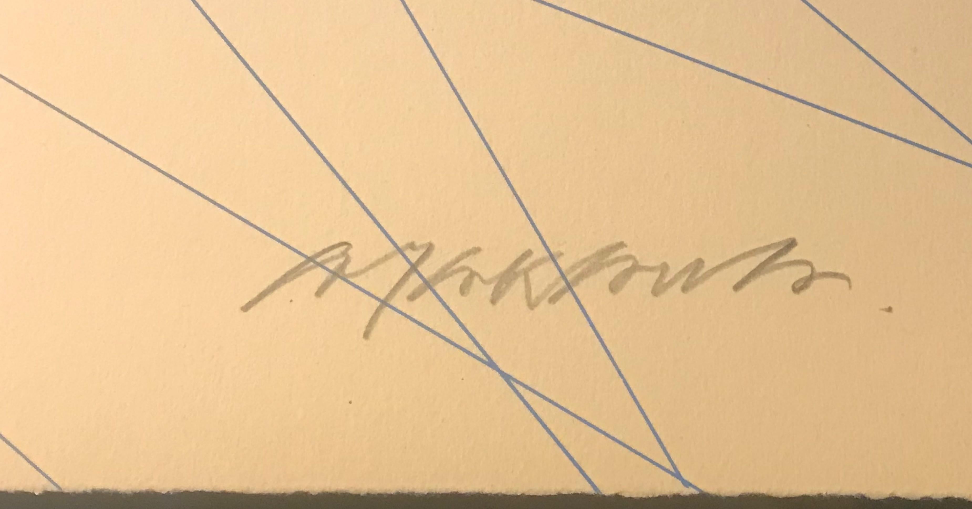 Shusaku Arakawa
Blankless Tone, 1979
Color lithograph and silkscreen with embossing on Arches paper with deckled edges and folded collage upper left
Hand-signed by artist, Titled 