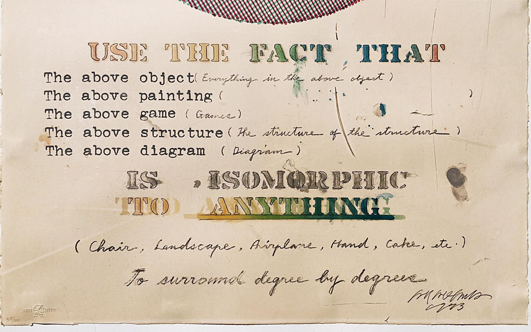Shusaku Arakawa
The Degrees of Meaning, from Realities and Paradoxes, 1973
Color Lithograph and Silkscreen
Hand signed, numbered from the edition of only 100 and dated on the front (lower right hand corner). Bears the Styria Studio blind stamp
Frame