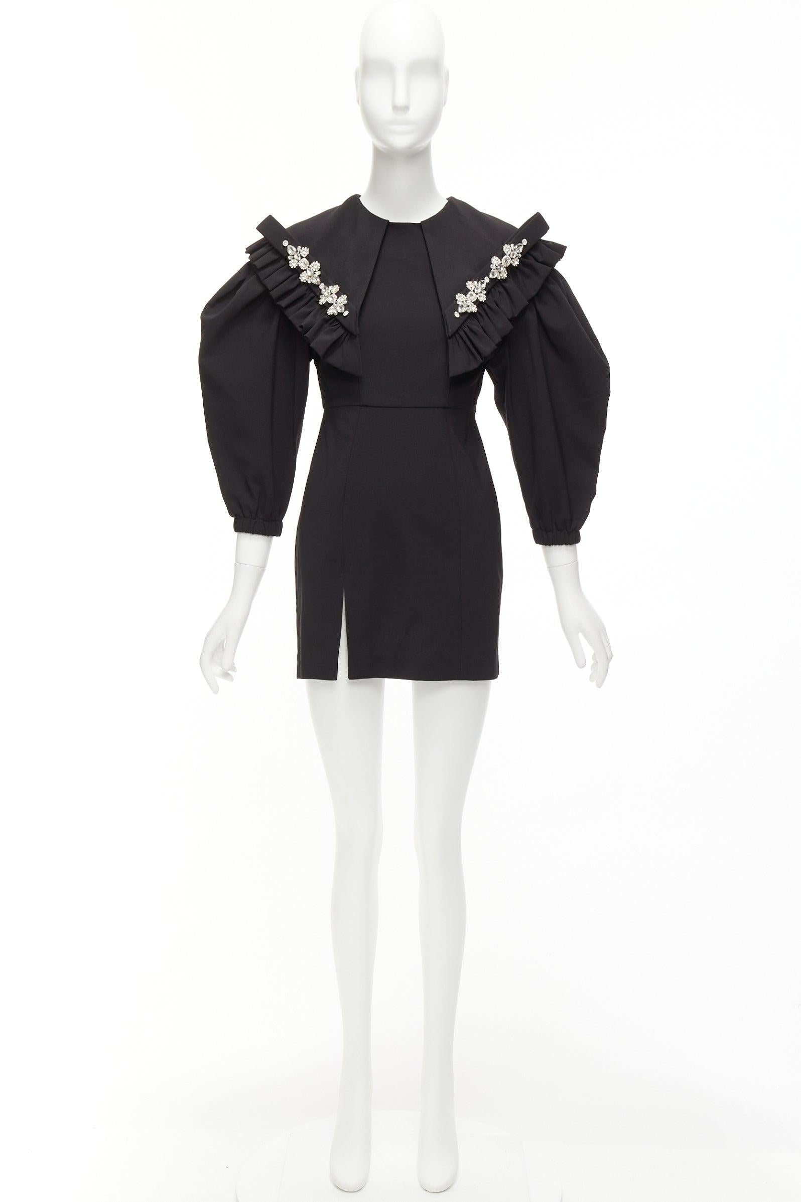 SHUSHU TONG negro cristal gran cuello mangas abullonadas ajustado mini vestido UK6 XS en venta 4