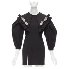 SHUSHU TONG black crystal large collar puff sleeves fitted mini dress UK6 XS