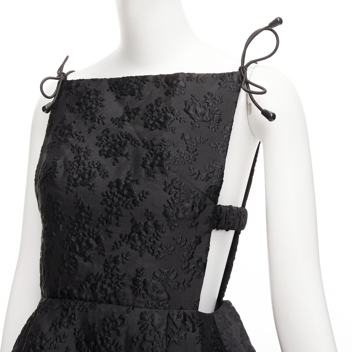 SHUSHU TONG black floral jacquard bungee cord ruched babydoll dress UK8 S In Excellent Condition For Sale In Hong Kong, NT
