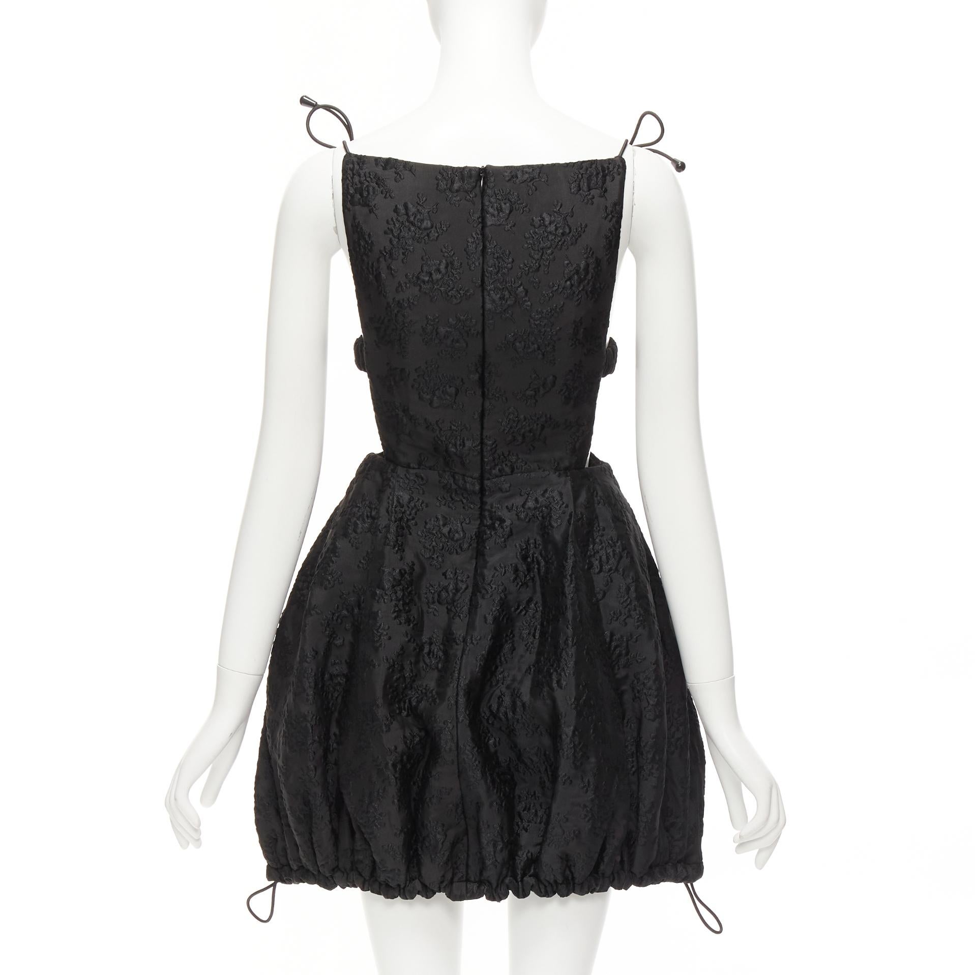 SHUSHU TONG black floral jacquard bungee cord ruched babydoll dress UK8 S 1