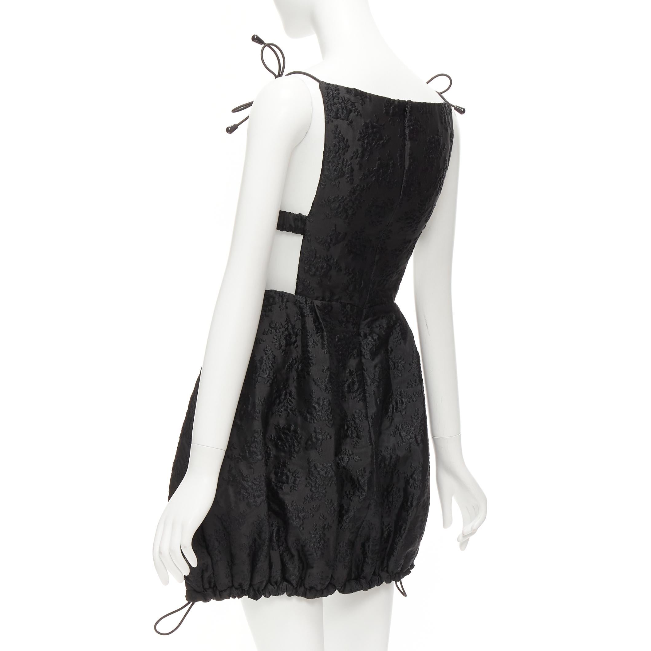 SHUSHU TONG black floral jacquard bungee cord ruched babydoll dress UK8 S 2