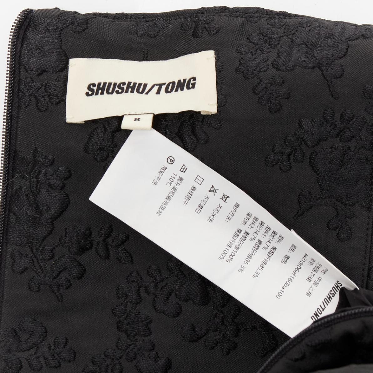 SHUSHU TONG black floral jacquard bungee cord ruched babydoll dress UK8 S 4