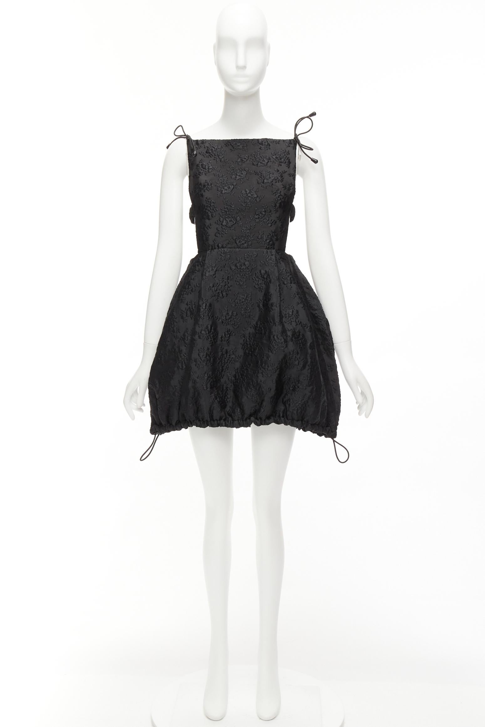 SHUSHU TONG black floral jacquard bungee cord ruched babydoll dress UK8 S 5